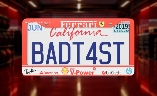 Scuderia Ferrari Racing F1 (2025) license plate frame on a themed background