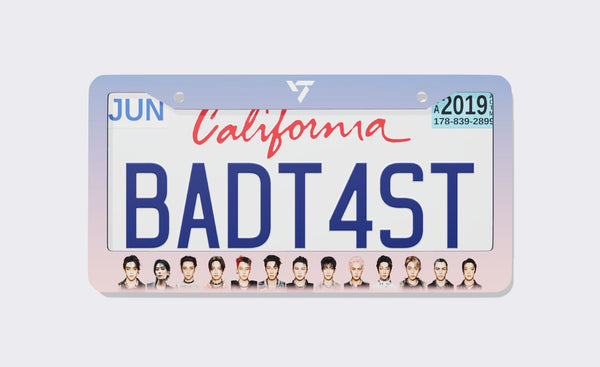 SEVENTEEN license plate frame with white SEVENTEEN logo on a rose quartz and serenity gradient border and thirteen member portraits along the bottom, shown around a California demo plate