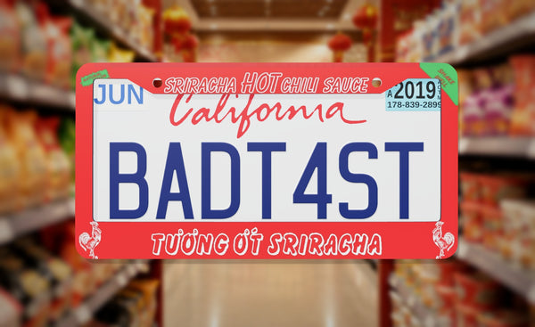 Siracha Hot Sauce license plate frame on a themed background