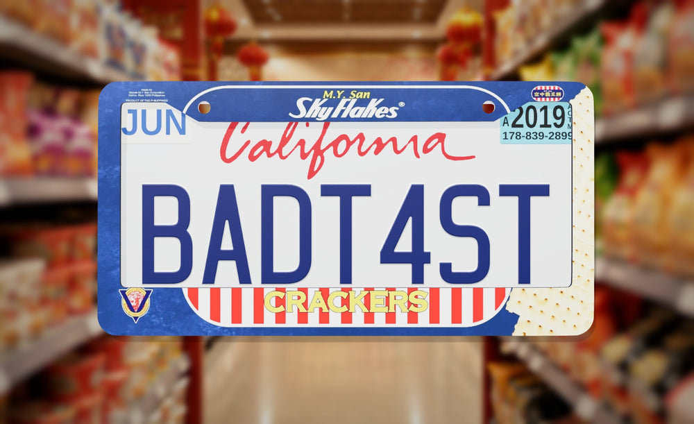 Skyflakes Crackers license plate frame on a themed background