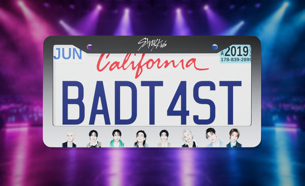 Stray Kids license plate frame on a themed background