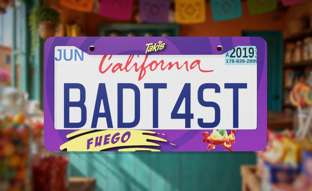 Takis license plate frame on a themed background