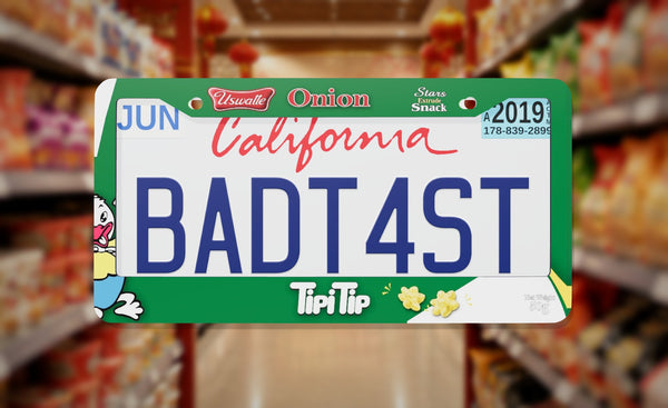 TipiTip Onion Stars Snack license plate frame on a themed background