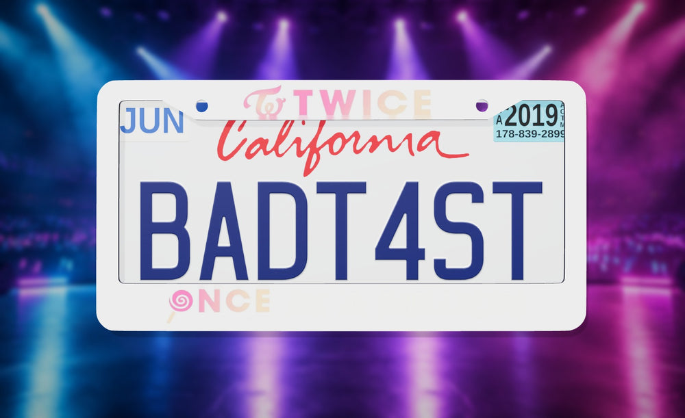 Twice Once Kpop license plate frame on a themed background