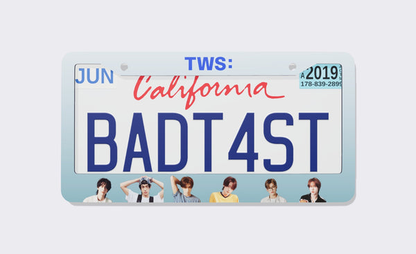 TWS license plate frame with blue TWS: logo on top and a light blue gradient border with six member photos along the bottom, shown around a California demo plate