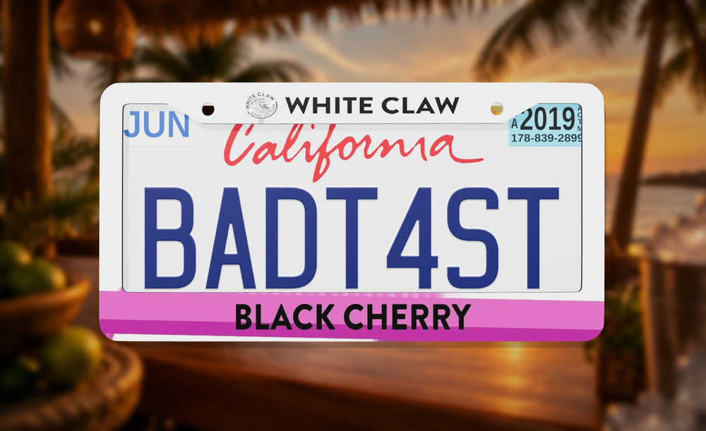 White Claw license plate frame on a themed background