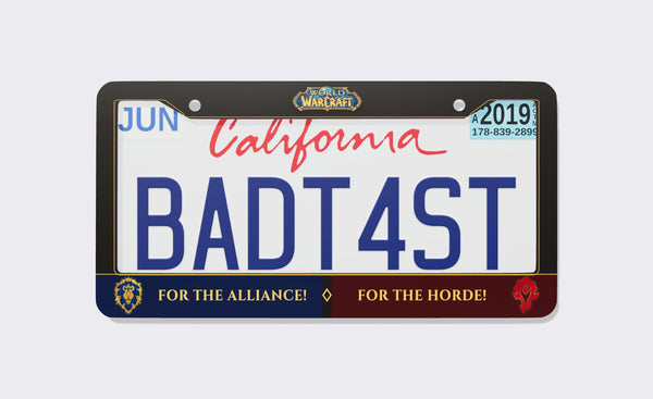 Black World of Warcraft license plate frame with the logo on top and a split bottom bar reading For the Alliance! in blue and For the Horde! in red with faction crests, front view