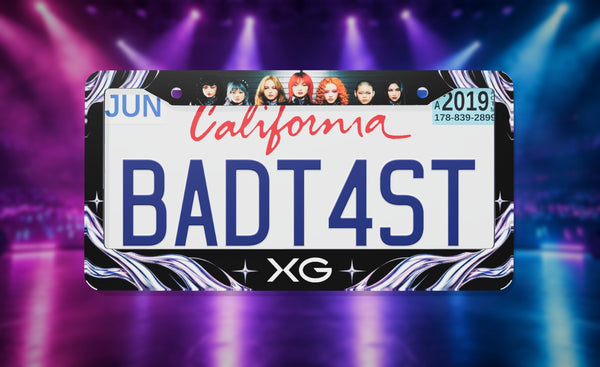 XG license plate frame on a themed background