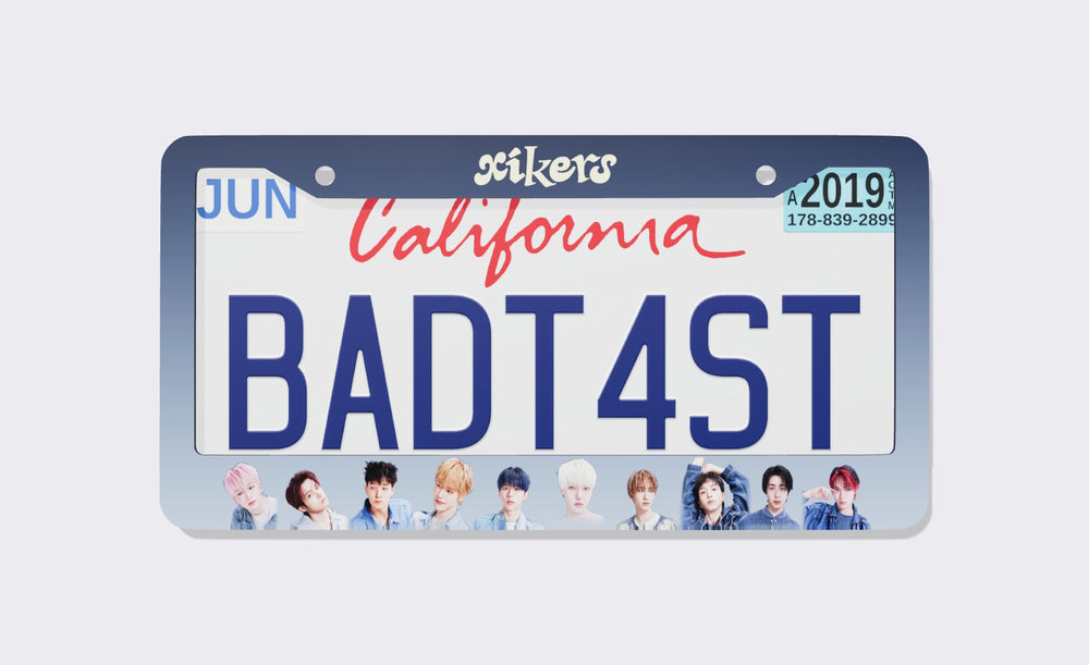 xikers license plate frame with cream xikers wordmark on a navy-to-light-blue gradient border and ten members in denim along the bottom, shown around a California demo plate