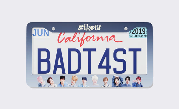 xikers license plate frame with cream xikers wordmark on a navy-to-light-blue gradient border and ten members in denim along the bottom, shown around a California demo plate