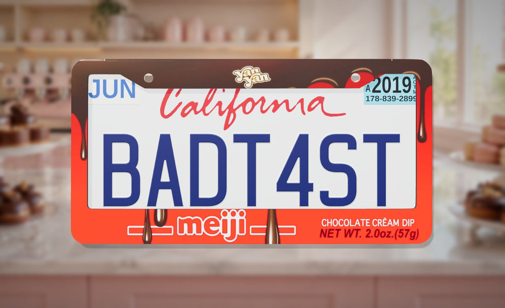 Yan Yan Chocolate license plate frame on a themed background