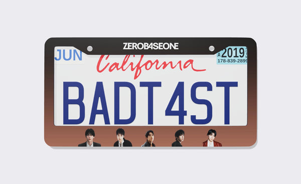 ZEROBASEONE license plate frame front view: black-to-copper gradient frame with the white ZEROBASEONE logo on top and five member portraits along the bottom, shown on a California plate
