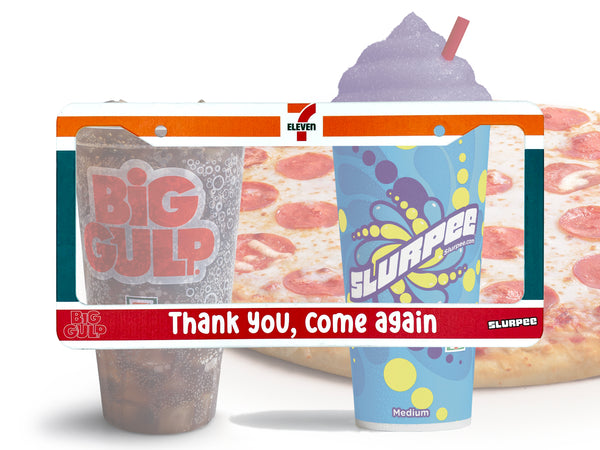 7-Eleven style license plate frame with Big Gulp and Slurpee cups and "Thank You, Come Again" text