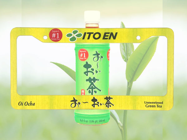 Yellow Ito En Oi Ocha green tea license plate frame with a tea bottle