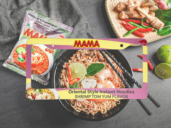 Yellow and pink MAMA Shrimp Tom Yum instant noodle license plate frame with a noodle bowl