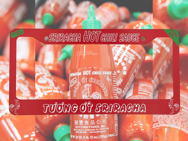 Red Sriracha hot chili sauce license plate frame with sauce bottles