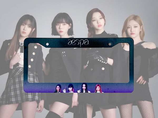 Dark blue and purple aespa Kpop license plate frame with group member photos