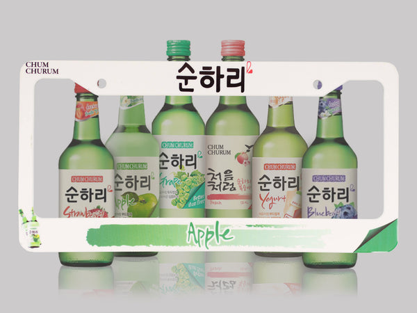 White Chum Churum Apple soju license plate frame with green bottle lineup