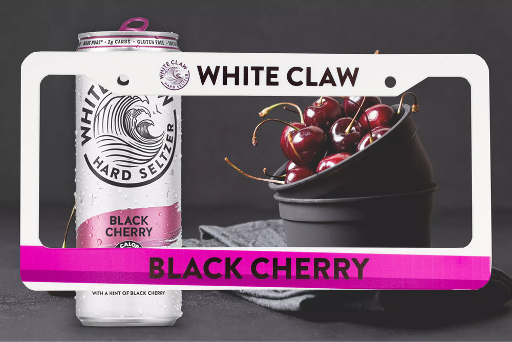 White White Claw Black Cherry license plate frame with a seltzer can and cherries