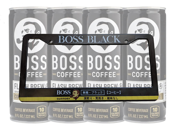 Black Boss Black Coffee license plate frame with Suntory branding and coffee cans