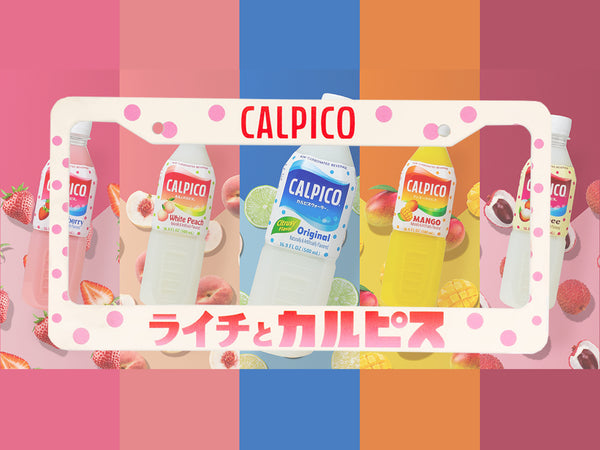 White Calpico Lychee license plate frame with Japanese text and bottle lineup, no fruit graphic