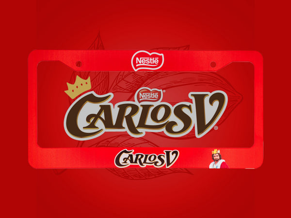 Red Nestle Carlos V chocolate license plate frame with logo artwork