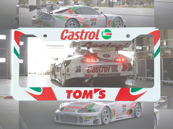 White Castrol Tom's racing license plate frame with green and red livery and a race car