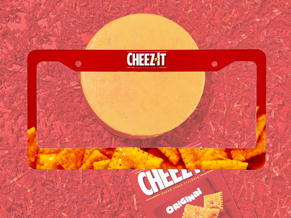 Red Cheez-It license plate frame with cracker and cheese artwork