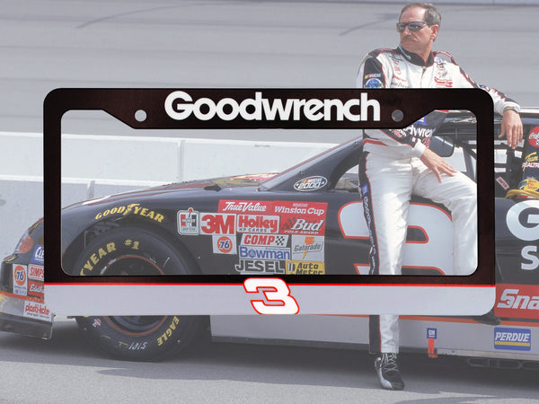 Black Dale Earnhardt Goodwrench number 3 license plate frame with NASCAR race car