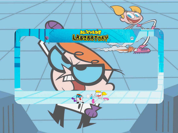 Blue Dexter's Laboratory license plate frame with cartoon character artwork