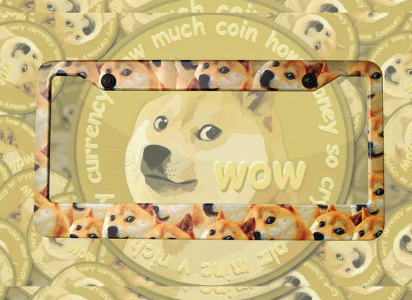 Doge meme license plate frame with Shiba Inu artwork and WOW text