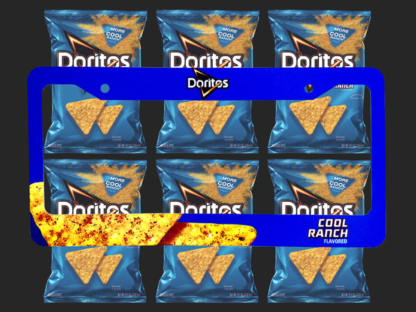 Blue Doritos Cool Ranch license plate frame with chip bags and tortilla chips