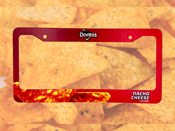 Red Doritos Nacho Cheese license plate frame with tortilla chip background
