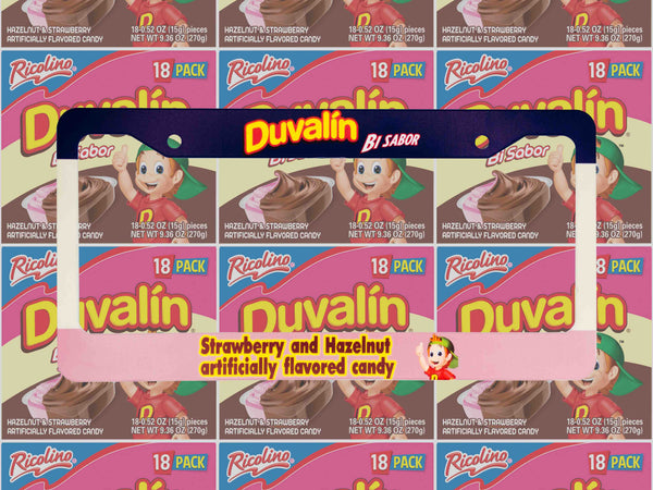 Duvalin strawberry and hazelnut candy license plate frame with candy box artwork
