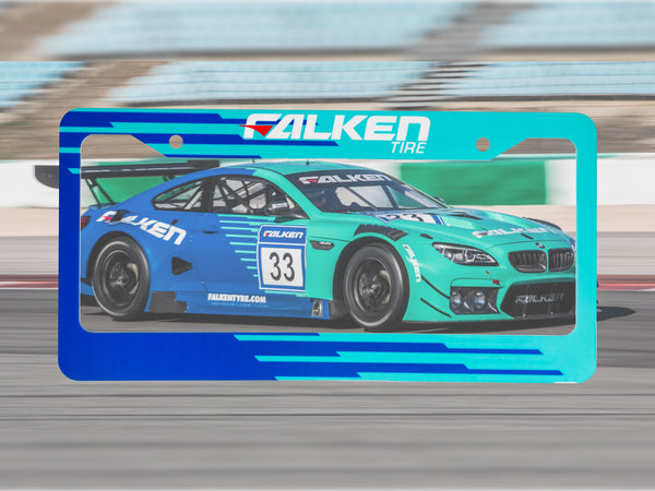 Blue and teal Falken Tire racing license plate frame with a number 33 BMW race car