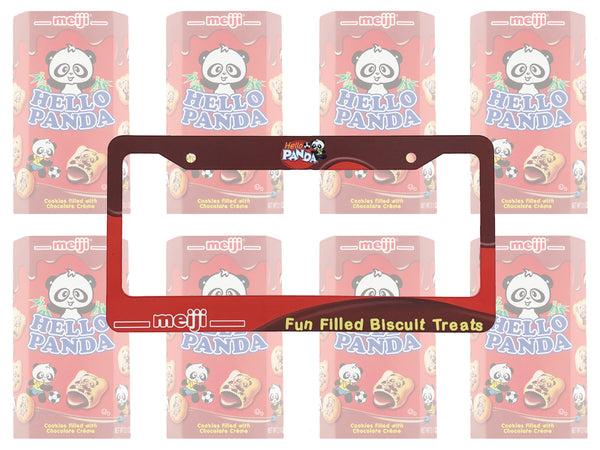 Red Meiji Hello Panda chocolate biscuit license plate frame with snack boxes