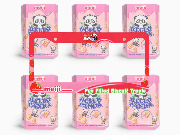 Pink Meiji Hello Panda strawberry biscuit license plate frame with snack boxes