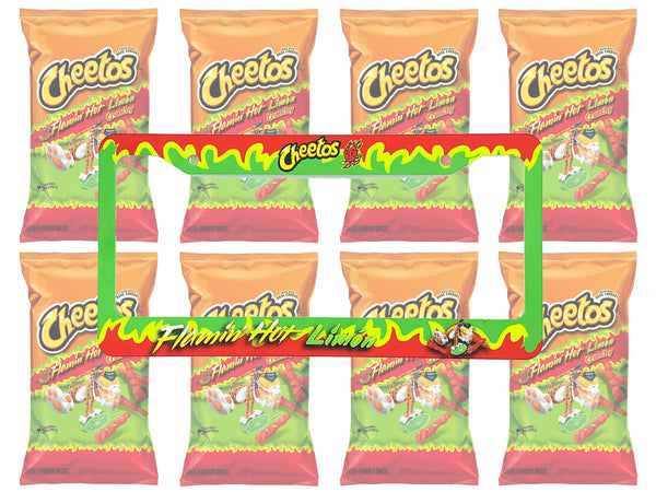 Green and red Cheetos Flamin Hot Limon license plate frame with chip bags