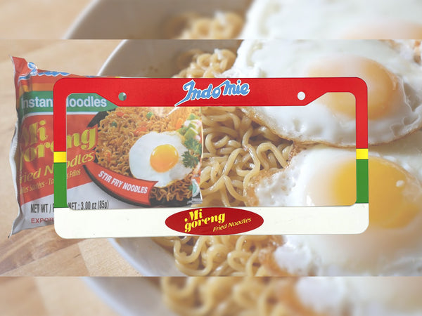 Red and white Indomie Mi Goreng instant noodle license plate frame with noodle packet