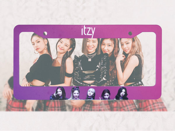 Purple Itzy Kpop license plate frame with group member photos