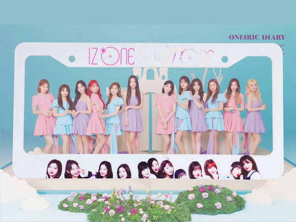 White IZ*ONE Kpop license plate frame with group member photos and Oneiric Diary artwork