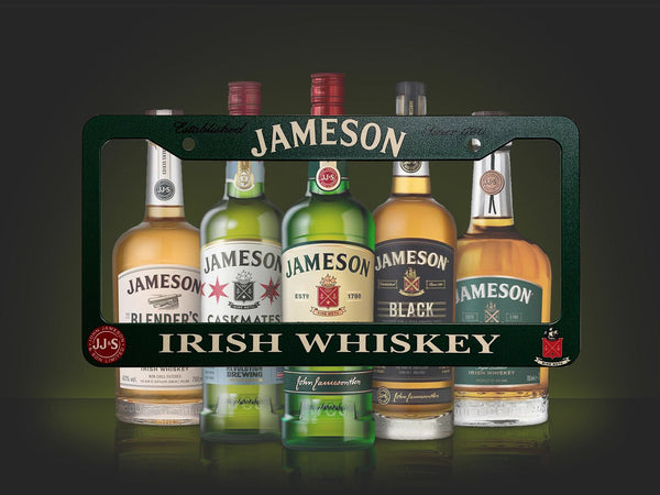 Green Jameson Irish Whiskey license plate frame with bottle lineup