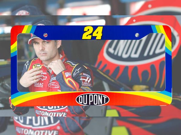 Blue and rainbow Jeff Gordon DuPont number 24 license plate frame with NASCAR driver photo