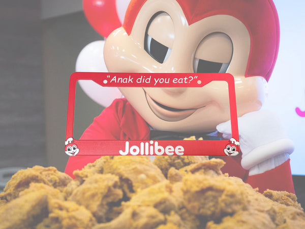 Red Jollibee license plate frame with Anak did you eat text and fried chicken