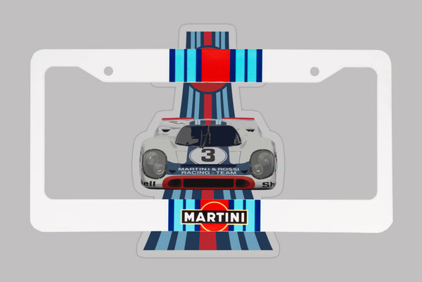 White Martini Racing license plate frame with a number 3 Porsche 917 race car