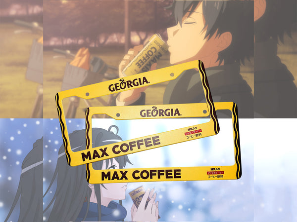 Yellow Georgia Max Coffee license plate frames with anime background