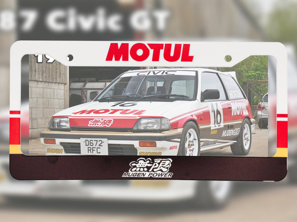 White Mugen Motul racing license plate frame with a Honda Civic race car