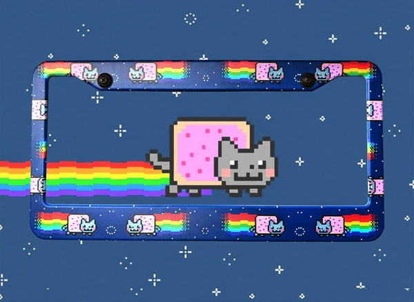 Blue Nyan Cat license plate frame with pixel rainbow cat artwork