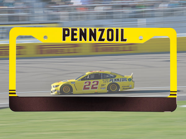 Yellow Pennzoil racing license plate frame with a number 22 NASCAR stock car