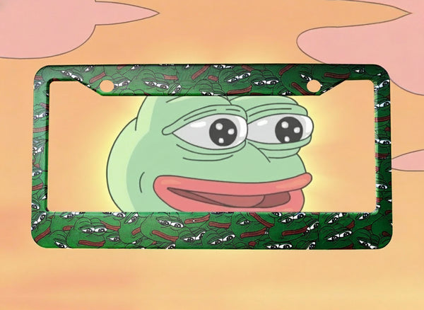 Green Pepe the Frog meme license plate frame with cartoon frog artwork